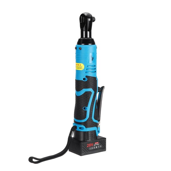 

28v 60nm led cordless electric ratchet wrench 3/8 inch chuck right angle wrench tool w/ 2pcs li-ion battery