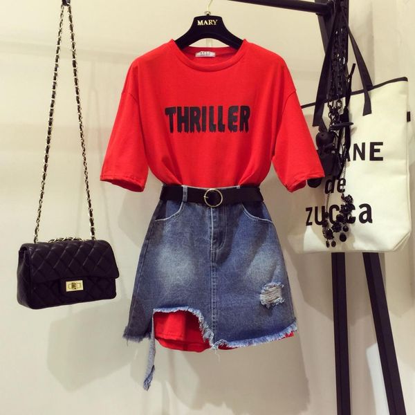 

2019 fashion summer women girl's letters print loose long t-shirt + hole irregular denim skirts twinset student jeans skirt sets, White