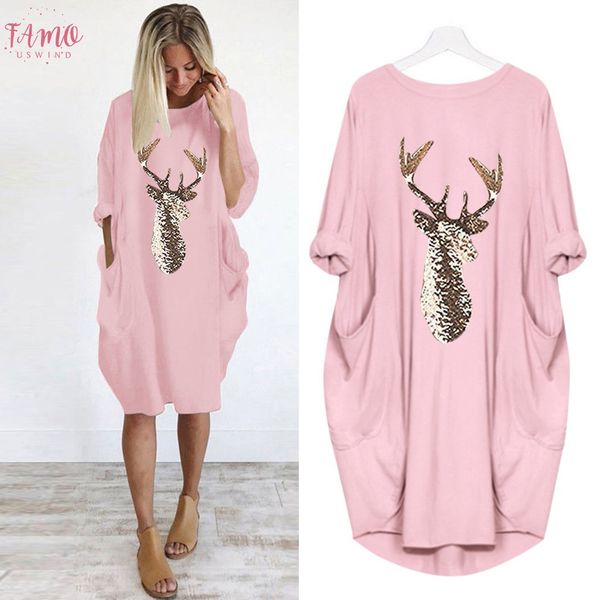 

plus size dress women casual loose elk printting sundress knee length 2020 autumn winter ladies o neck long pocket christmas dresses, Black;gray