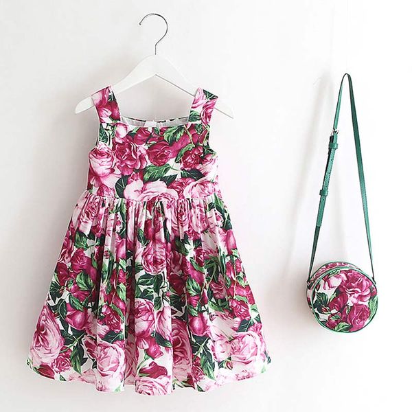 

girl's dresses girls clothes 2021 summer children sleeveless o-neck princess dress flower printed party baby with bag, Red;yellow