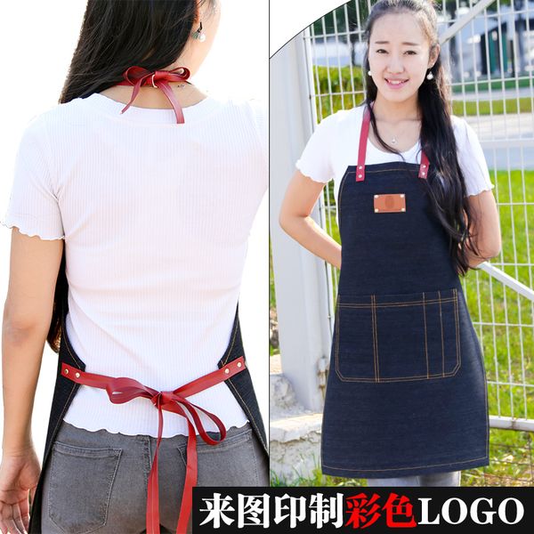 

fashion denim apron restaurant waiter coffee shop overalls korean apron painting printed logo