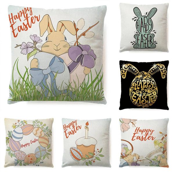 

easter linen pillowcase square happy easter retro egg bunny rabbit design pillow case sofa car cushion covers festival home decoration