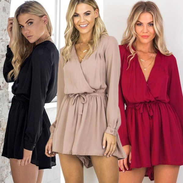 

summer jumpsuit women rompers bodysuit v-neck playsuit long sleeve catsuit chiffon playsuit ladies jumpsuit, Black;white