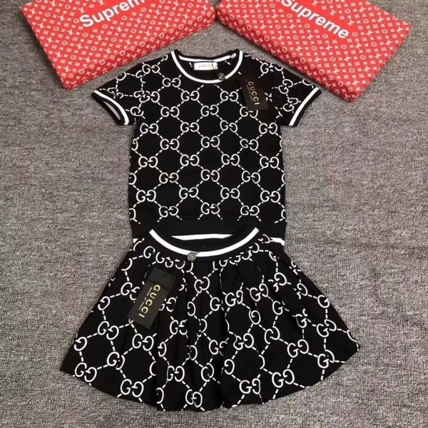 

girl suit summer korean designer luxury children dress short sleeve child letter stripe clothes kids clothing set children's dresses, White