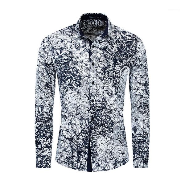 

casual shirts fashion turn down collar long sleeve mens shirts casual males clothing floral print mens, White;black
