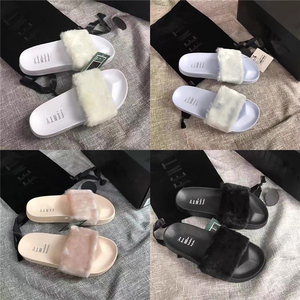 

wholesale multi color real winter sandal fur lined slides fox fur slippers for kids#449, Black