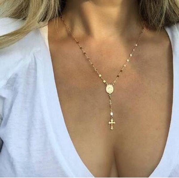 

2019 горячие продажи блестящий крест кулон ожерелье длинная имитация цепи четки мадонна монета ожерелья подвески религиозные ювелирные издел, Silver