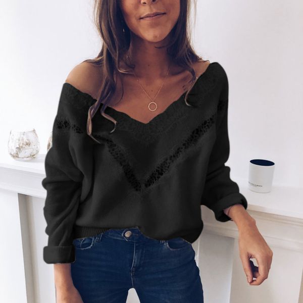 

home office lace stitching casual warm long sleeve v neck oversized women knitted sweater autumn winter daily hollowed out soft, White;black