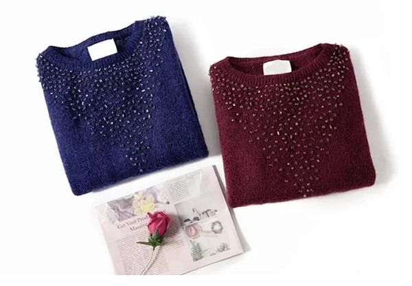

women sweater 2019 autumn /winter new handmade rhinestones o neck two-color mohair sweaters, White;black