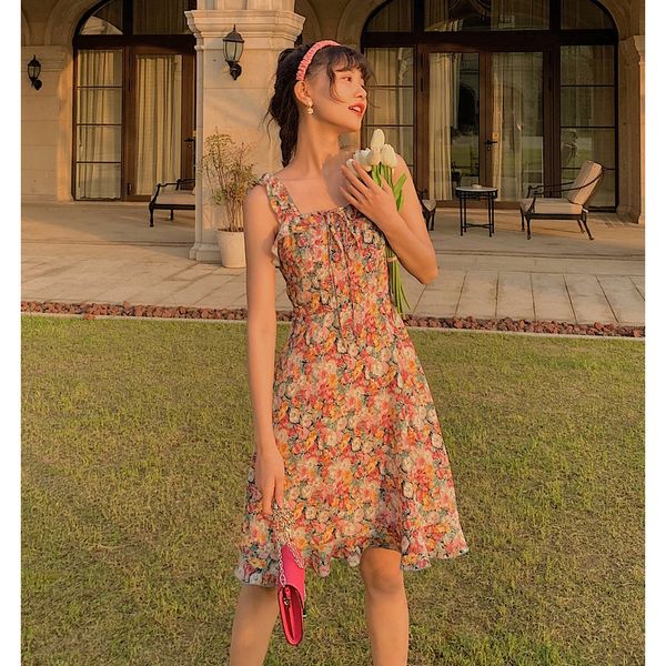 

2020 new summer korean style artistic retro french gentle strap short high waist floral dress womens skirt, Red