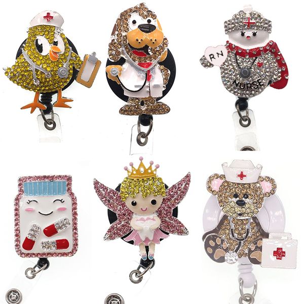 

medical rhinestone retractable id badge holder reel for nurse name accessories badge reel with alligator clip, Slivery;golden