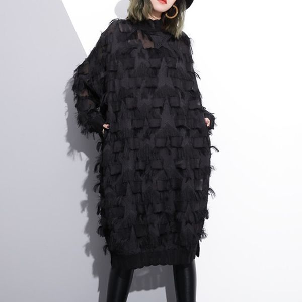 

xuxi large size dress spring autumn 2020 new women tassel five-pointed star lace medium-length dress loose temperament fz1657, Black;gray