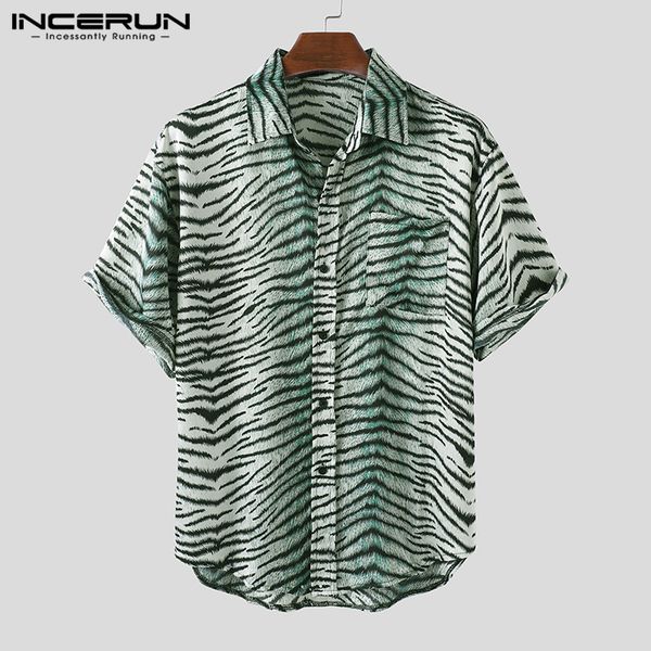 

incerun fashion men leopard print shirt short sleeve turn down collar high street casual button blouse 2020 mens hawaiian shirts, White;black