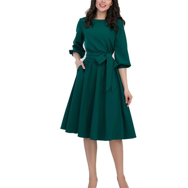 

2019 new women fashion vintage dress summer autumn green o-neck elegant a line dresses puff sleeve vestidos dress no pocket, Black;gray