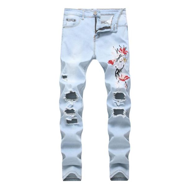 

mens light blue ripped jeans rose flower embroidery hole stretch denim straight jeans destroyed fashion pants for men size 40 42