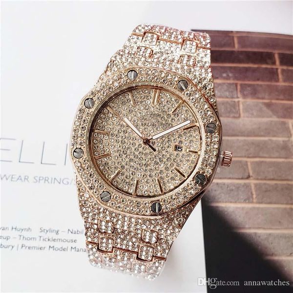 

wholesale bling diamond watch luxury mens watches designer watches royal oak offshore quartz movemen watches clock wristwatches men watch, Slivery;brown