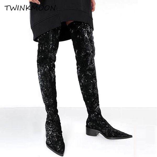 

suquined thigh high boots for women's winter high boots plush over the knee black bling point toe mid heel botas mujer