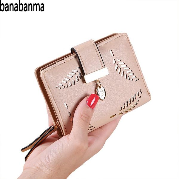 

banabanma women purse small wallets female leaf pendant hollow short purse pu leather lady zipper coin pocket wallets&purse zk10, Red;black