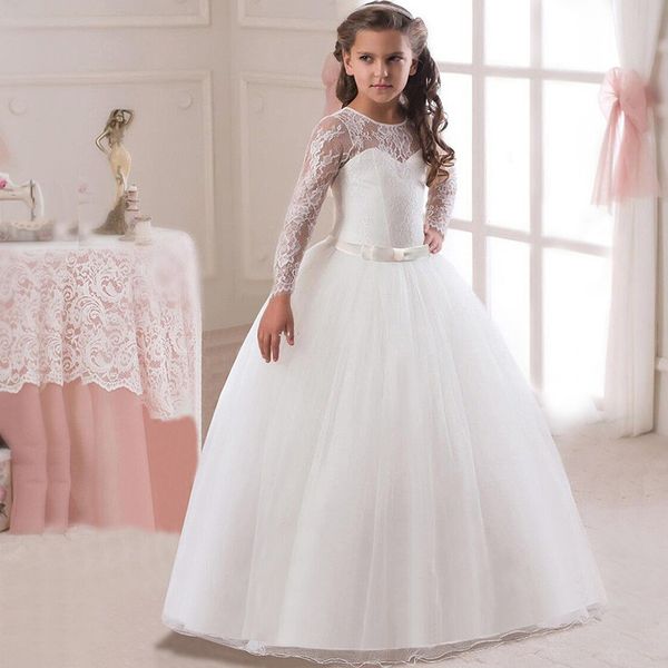 

europe and america new style girls long sleeve lace dress long bow dress childrenswear, Red;yellow