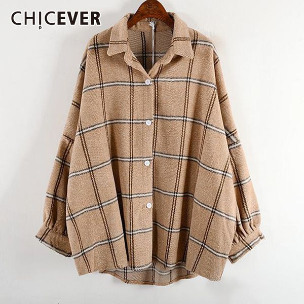 

chicever vintage plaid woolen coat female lapel collar long lantern sleeve oversize loose autumn winter coats women 2019 fashion, Black