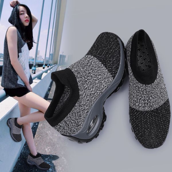 

2019 spring women's breathable mesh flat platform sneakers casual round toe shallow slip on buffer shoes patchwork sock sneakers, Black