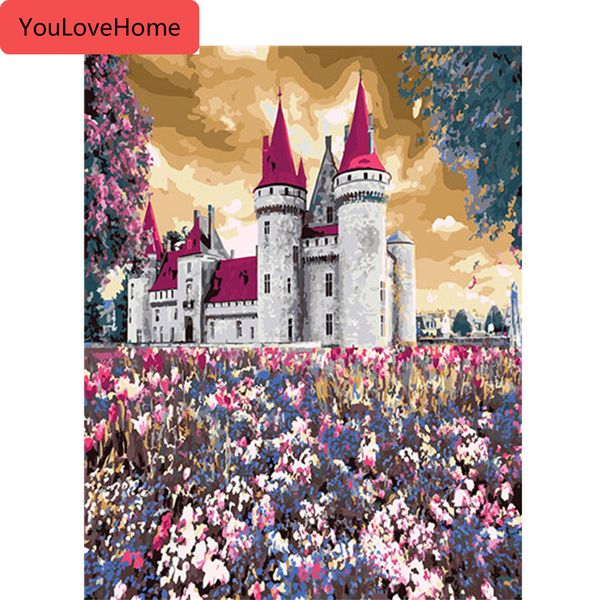 

diy unframe coloring by numbers scenery home decoration acrylic paint paint by number castle handpainted gift kits wall art