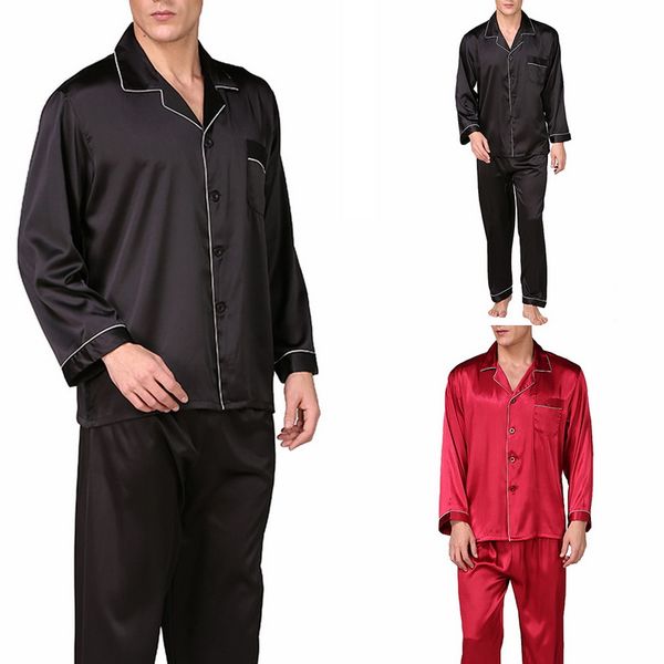 

stain silk pijama hombre solid loose sleepwear men full nightwear sleep pants lounge pajama sets casual night suit, Black;brown