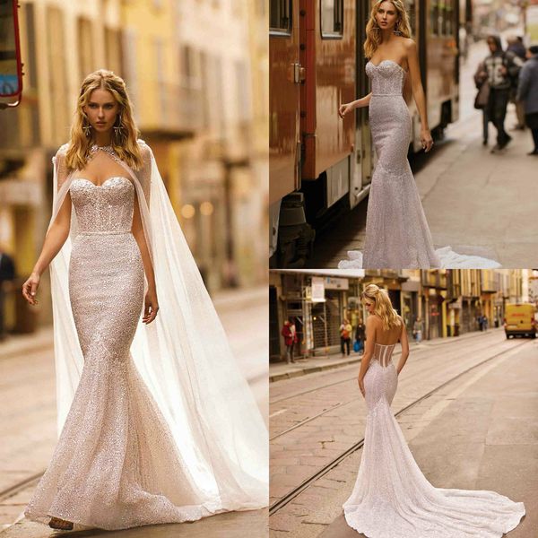 

berta 2020 mermaid wedding dresses with wrap sweetheart lace sequined bridal gowns exposed boning beach wedding dress robes, White