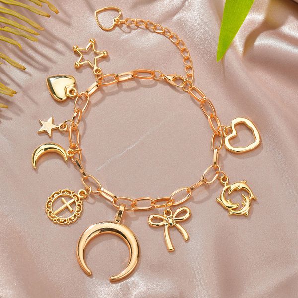 

fashion creative geometric peach heart bow moon bracelet men and women wild alloy bracelet lady gift party jewelry, Golden;silver