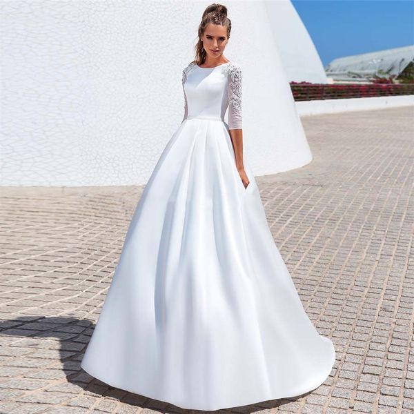 

half sleeves appliques lace wedding dresses 2020 satin sweep train lace up back bridal gowns modest, White