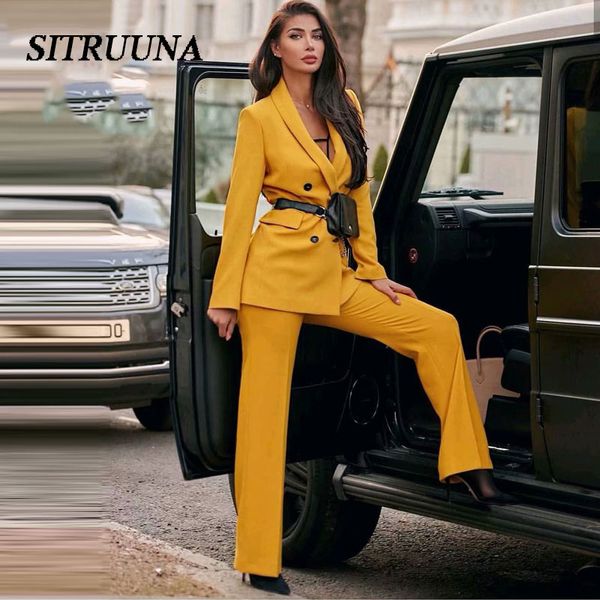 

sitruuna women chic yellow blazer double breasted long sleeve office lady wear coat solid female casual outerwear bottoms, White;black