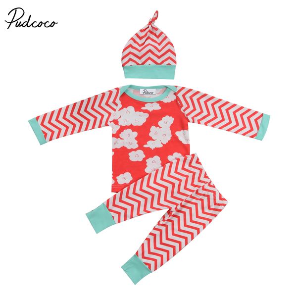

3шт полосатый с длинным рукавом цветочные romper комбинезон длинные брюки hat новорожденных малышей одежда для девочек костюмы set red brown, Pink;blue