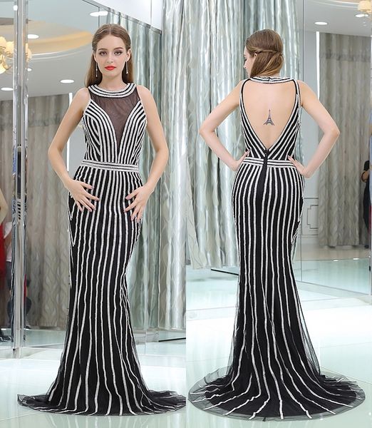 

custom made mermaid round neck party dresses beaded crystal backless party fitted prom dresses evening gowns formal black gown, Black;red