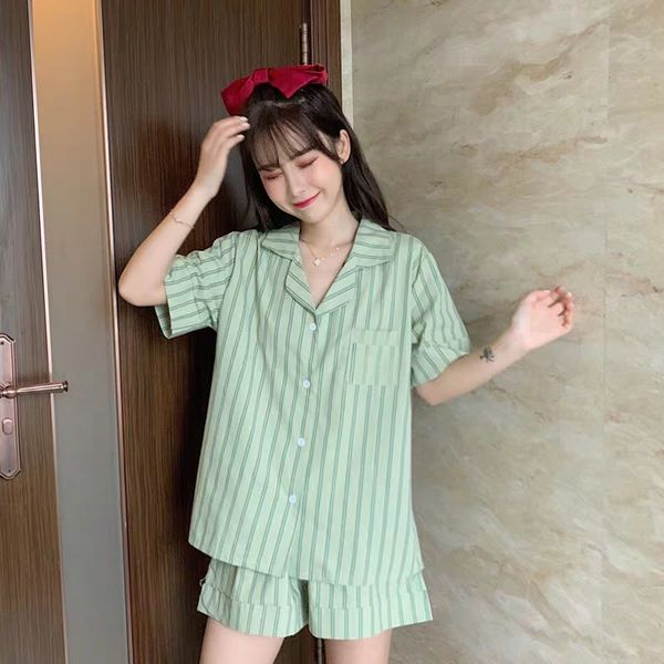

summer home clothes suit woman summer ice silk new stripe short-sleeved pajamas woman summer ins style shorts two-piece suit, Blue;gray
