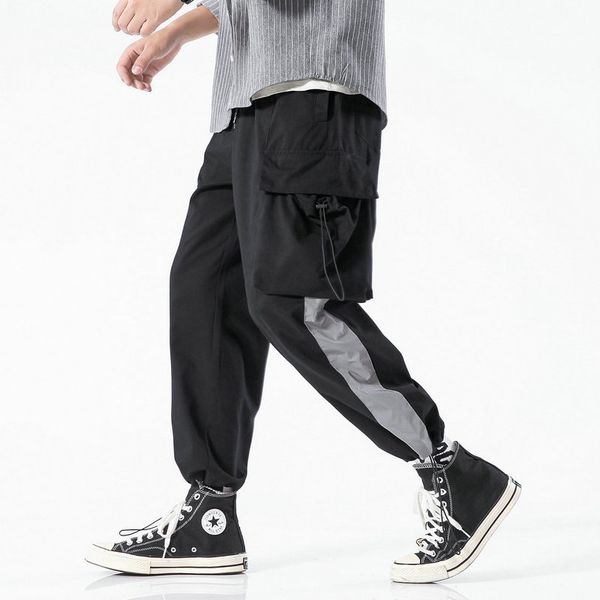 

streetwear harem jogger pants men reflective striped big pocket mens joggers hip hop cargo pans man, Black