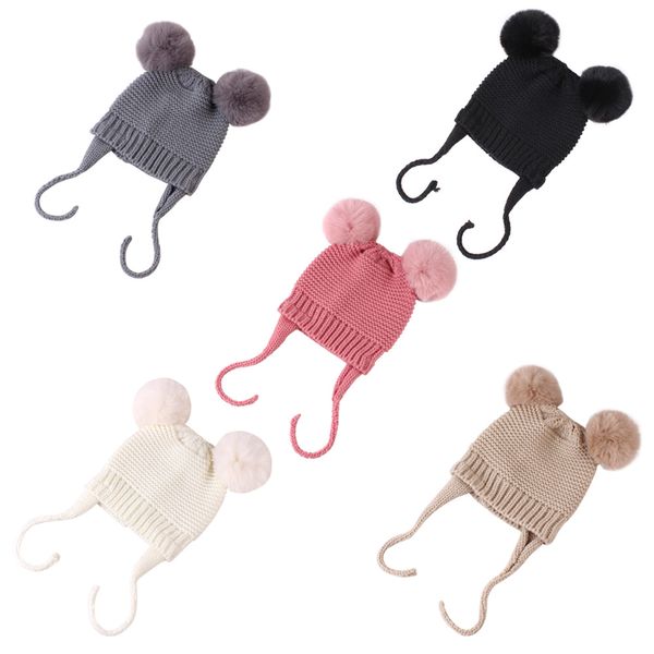 

knitted winter baby hat with ears cartoon lace-up children kids baby bonnet cap for kids 5 colors zle434, Yellow