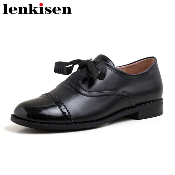 

lenkisen 2020 new genuine leather round toe low heel shoes women british school young lady daily wear lace up bowtie pumps l67, Black