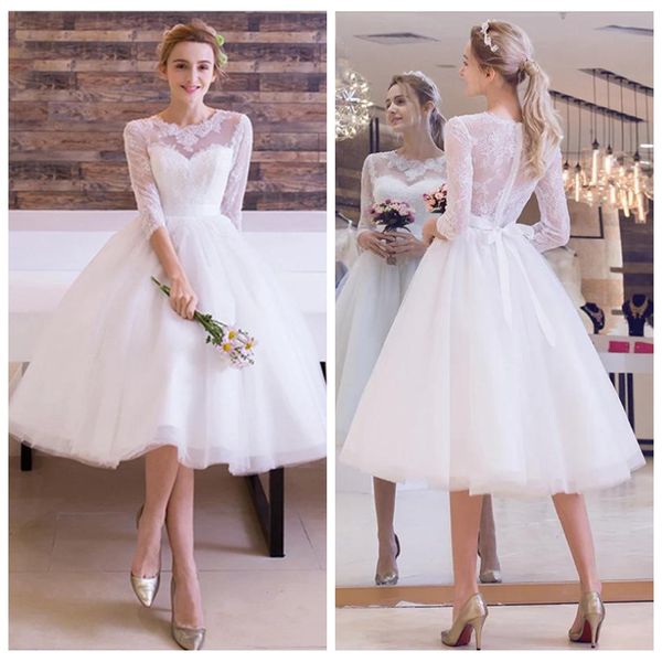 

delicate jewel neck white short casual wedding dresses with sleeves lace appliques tea length wedding dresses sash bodice voiles de mariage