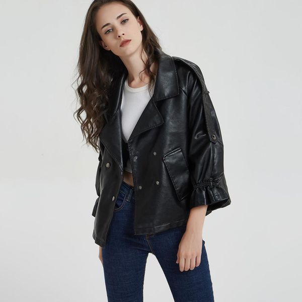 

2019 winter autumn women leather turn-down collar rivet flare sleeve pu motorcycle vintage casual jacket black leather jackets