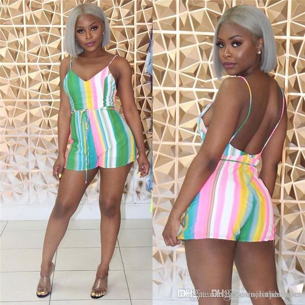 

полосатый печати v шеи комбинезоны женщин сексуальный backless сыпучие лето дизайнер короткие комбинезоны женские праздники повседневный rom, Black;white