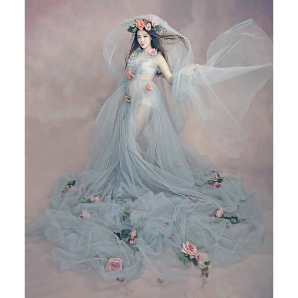 

3pcs maternity pgraphy props set long pregnancy maternity dress + bridal veil + pink flower headband for p shoot, White