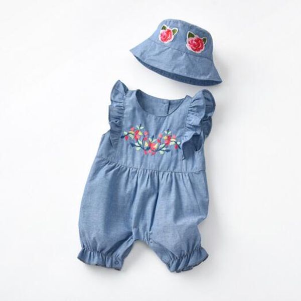 

baby clothing kids Ruffles Sleeveless romper Flower Embroidery 100% cotton Denim baby romper + hat Baby & Kids Clothing