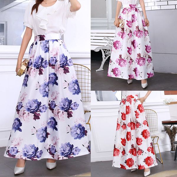 

summer skirts womens fluffy skirt high waist pockets long skirt vintage floral print flower maxi skirt plus size chic 3xl, Black