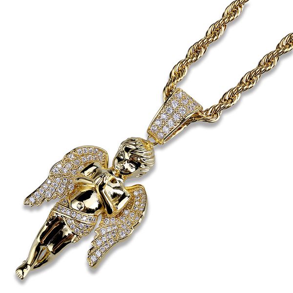 

hip hop micro paved + cubic zirconia iced out bling gold angel pendants necklace for men women rapper jewelry, Silver