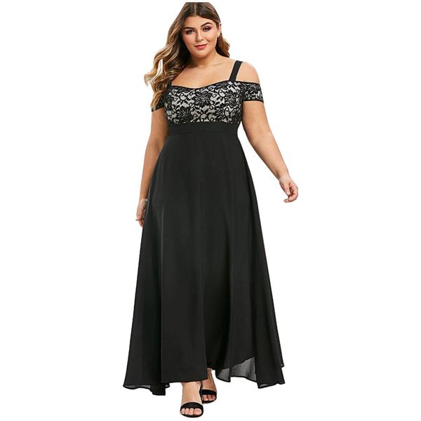 

sagace dress women plus size cold shoulder floral lace maxi party night long dress summer solid chiffon one-shoulder dress, Black;gray