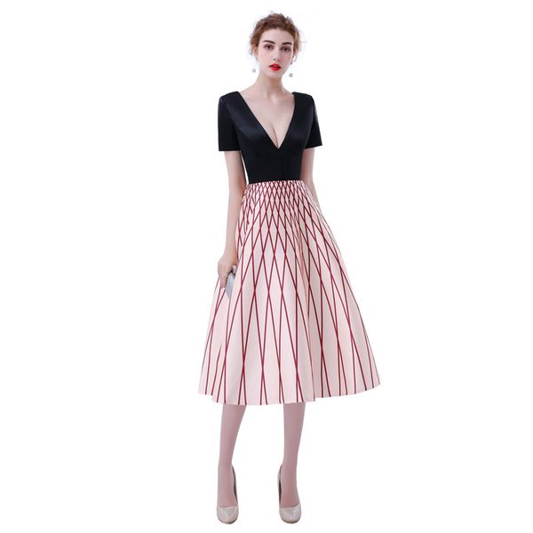 

новое поступление элегантный выпускного вечера платья vestido де феста a-line v-образным вырезом на шнуровке атласные короткие рукава стиль, Black