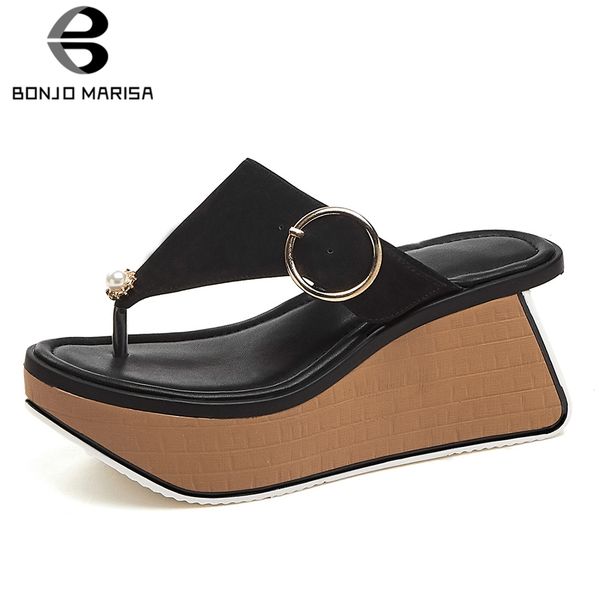 

bonjomarisa new fashion flip flops sheepskin genuine leather shoes slippers woman 2019 high heels women's wedges shoes woman, Black