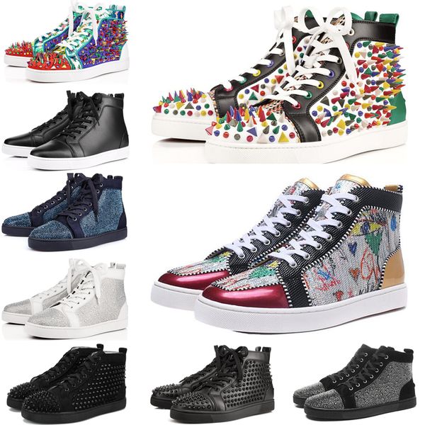 

2019 luxury designer men and women casual shoes high studded spikes flats shoes red bottom fashion glitter genuine leather sneakers 35-47