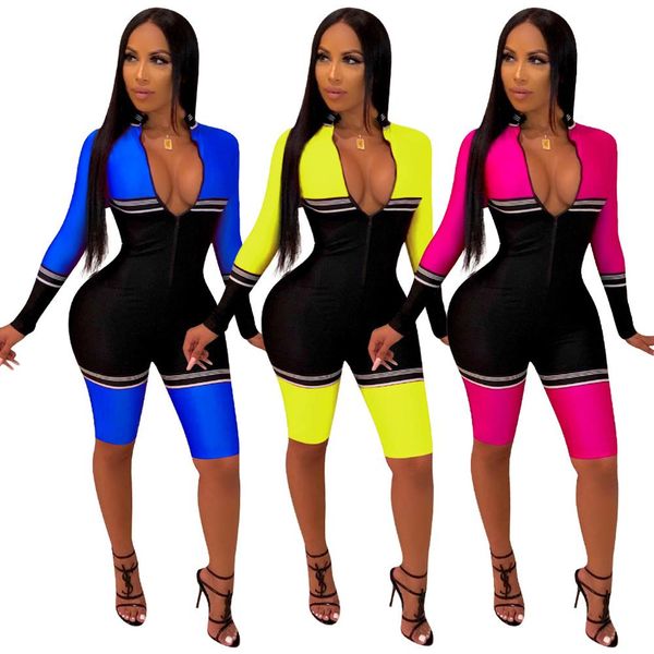 

2019 summer rompers womens jumpsuit bodycon bodysuit patchwok striped streetwear playsuits overalls combinaison femme, Black;white