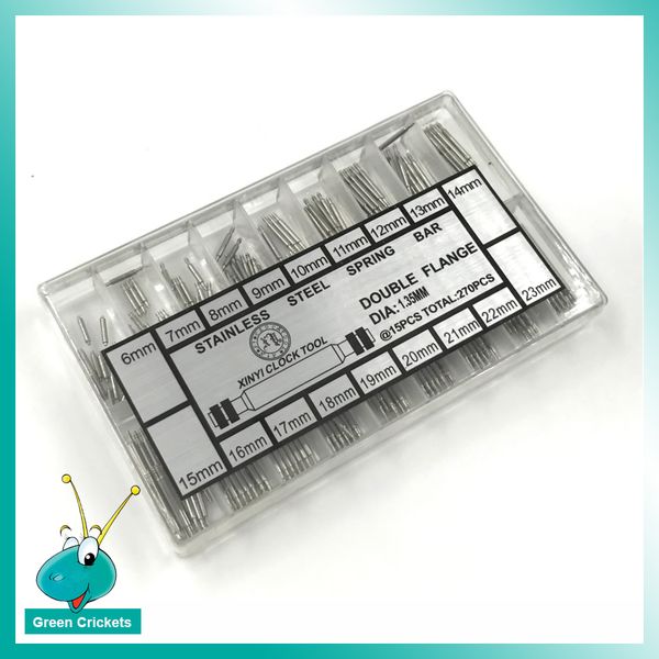 

wholesale 270pcs/box assort size double flange watch band spring bars,1.35mm diameter 6mm~23mm watch bands link spring bar box